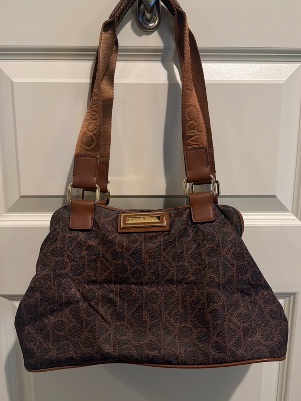 Calvin Klein Brown Monogram Shoulder Bag with Gold Plaque